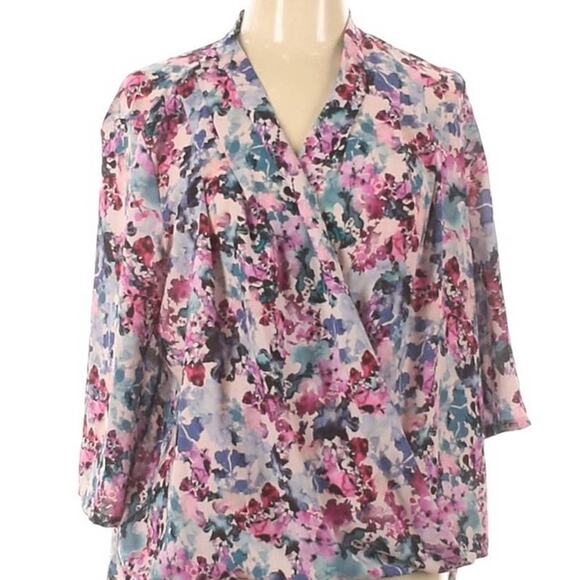 Lark & Ro Women’s Floral 3/4 Sleeve Faux Wrap Blouse - Size Large - Draped Front - Picture 3 of 8